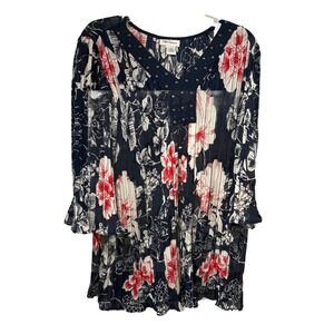 CW Classics Womens Top L Pleated Tunic 3/4 Flair Sl Blue Red Wh Floral Boho Chic